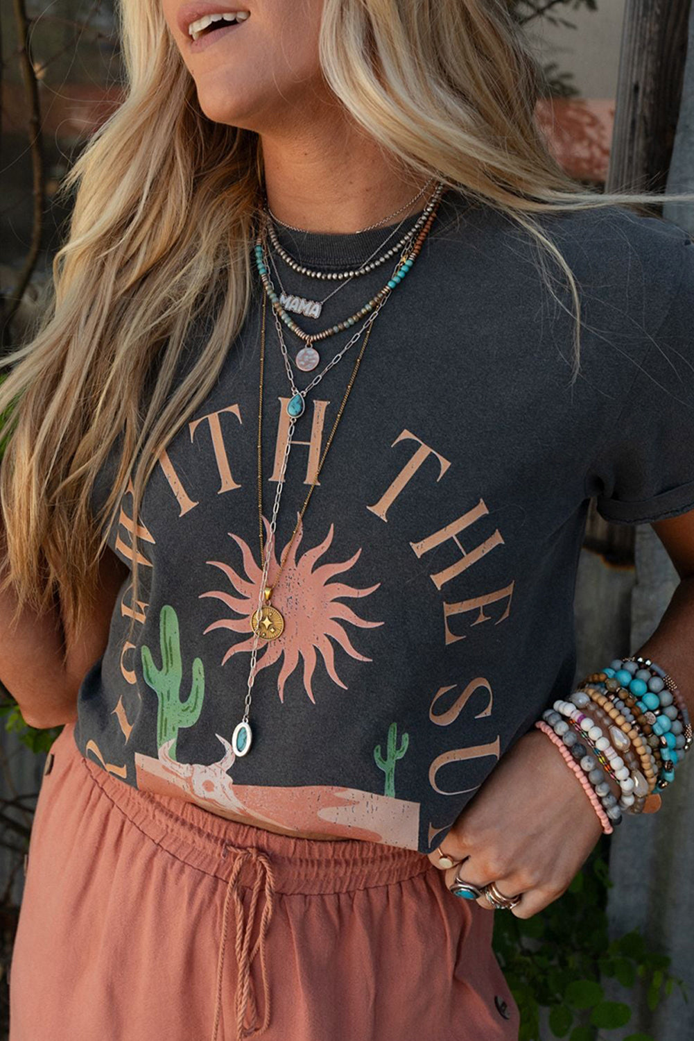 Dark Grey RISE WITH THE SUN Western Fashion Graphic Tee