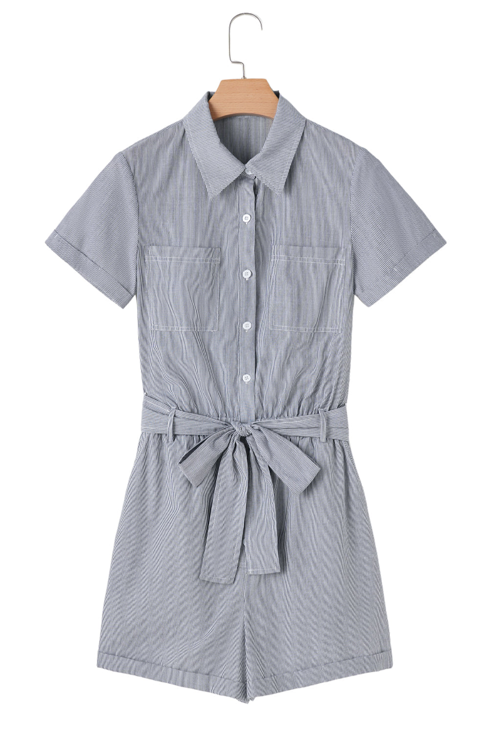 Blue Stripe Chest Pockets Buttoned Belted High Waist Romper