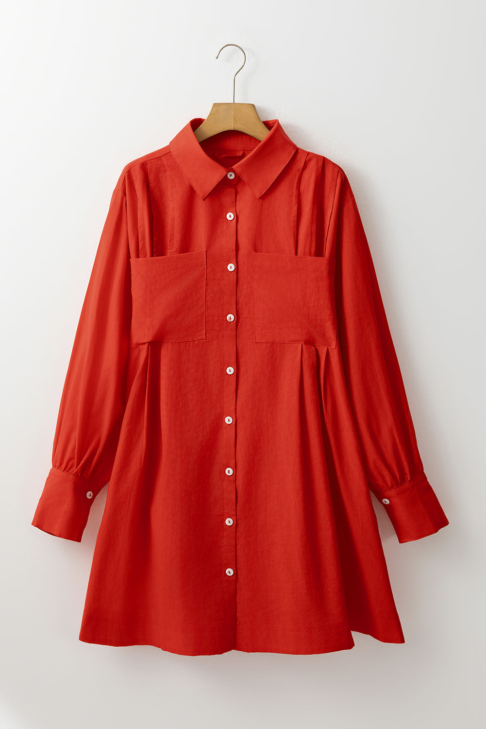 Tomato Red Bishop Sleeve Button Up Pleated Mini Shirt Dress