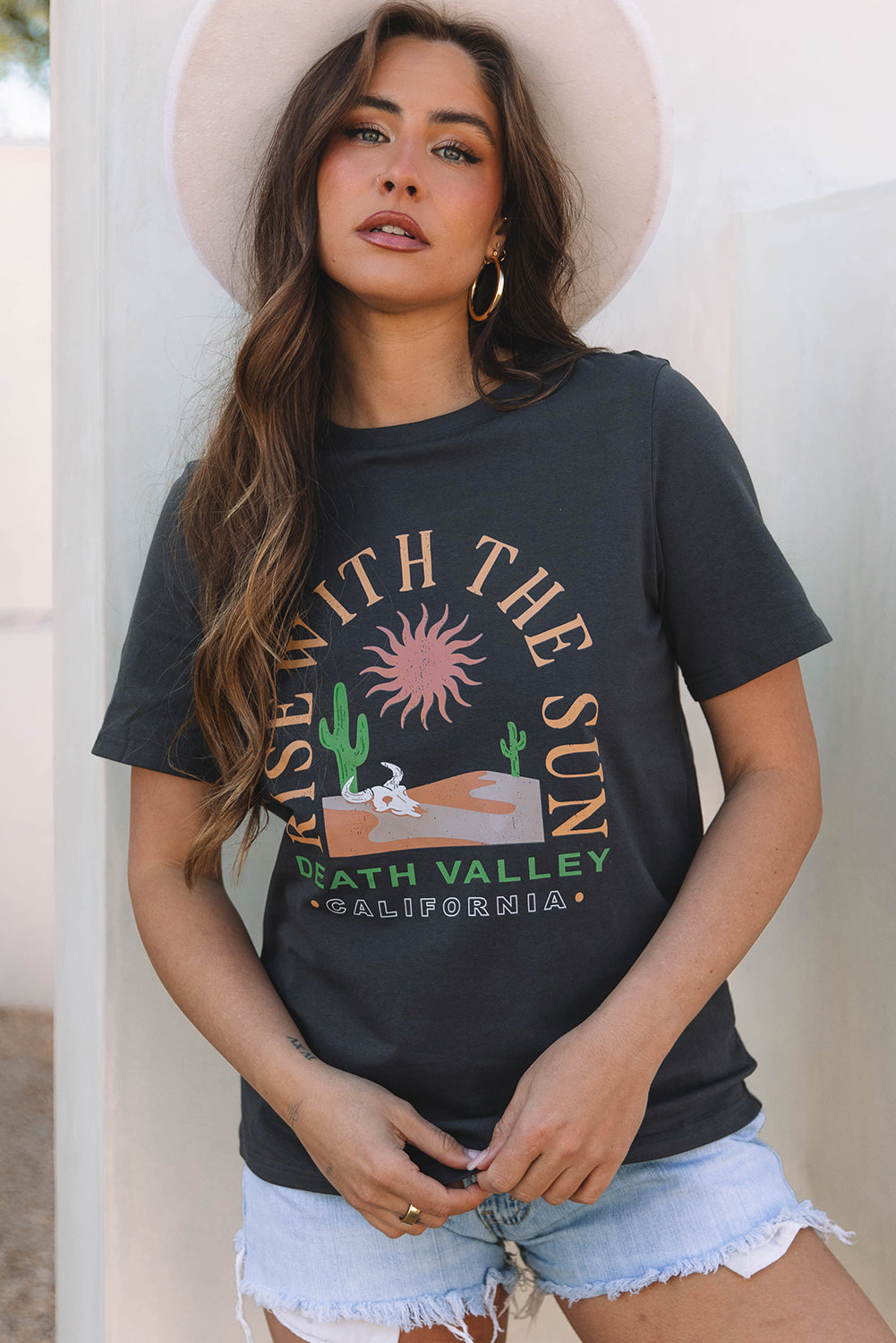 Dark Grey RISE WITH THE SUN Western Fashion Graphic Tee