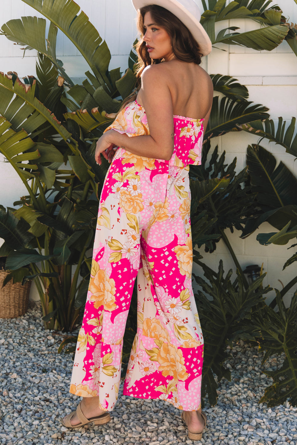 Multicolour Floral Print Ruffled High Waist Tube Top Loose Jumpsuit