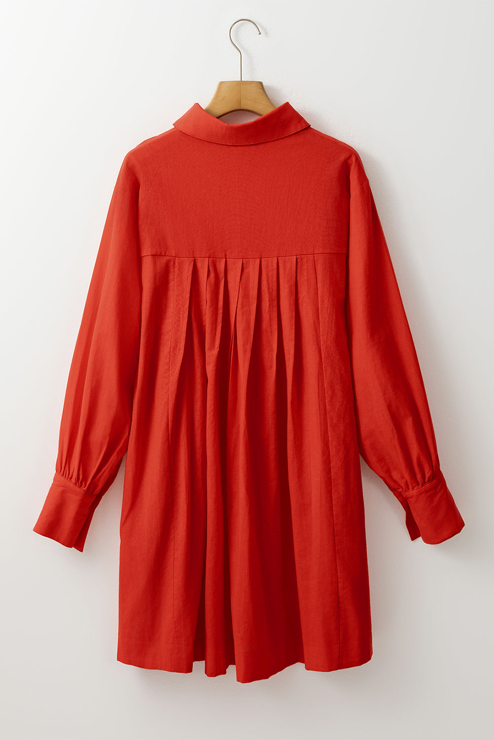 Tomato Red Bishop Sleeve Button Up Pleated Mini Shirt Dress