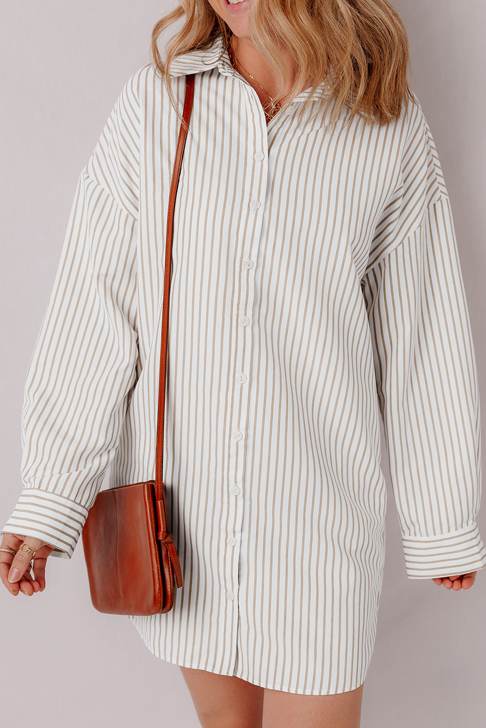 Khaki Stripe Long Sleeve Button Up Mini Shirt Dress