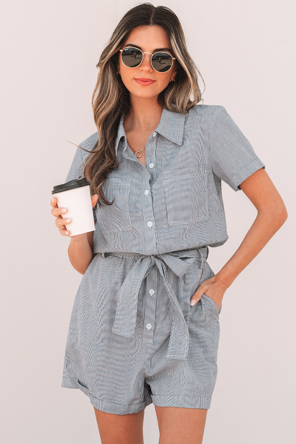 Blue Stripe Chest Pockets Buttoned Belted High Waist Romper